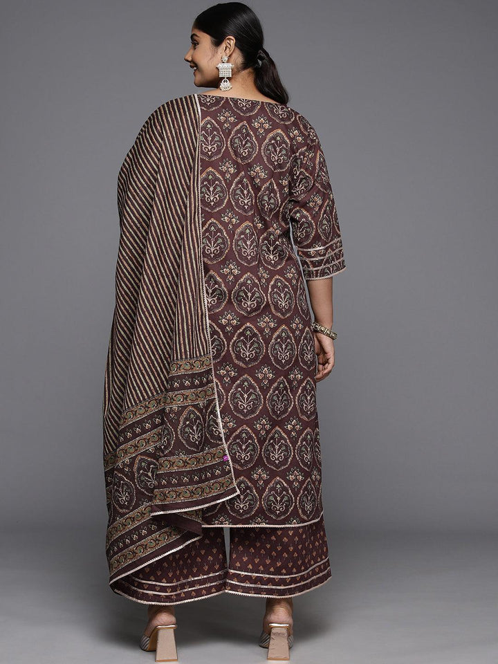 Plus Size Brown Printed Cotton Straight Suit With Dupatta