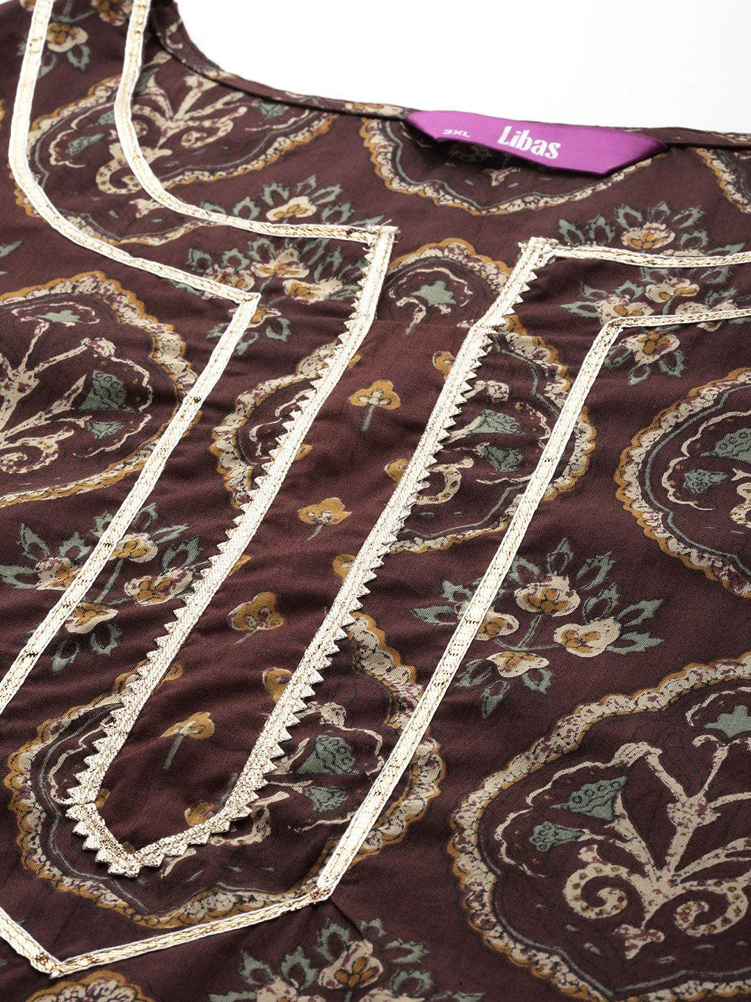 Plus Size Brown Printed Cotton Straight Kurta With Palazzos & Dupatta - ShopLibas