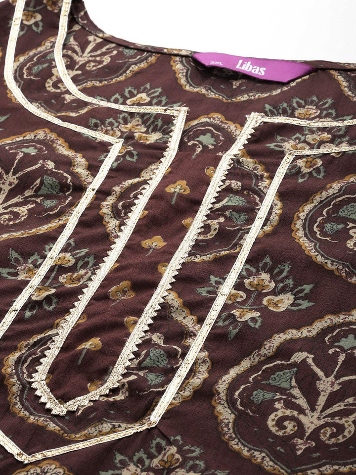 Plus Size Brown Printed Cotton Straight Suit With Dupatta