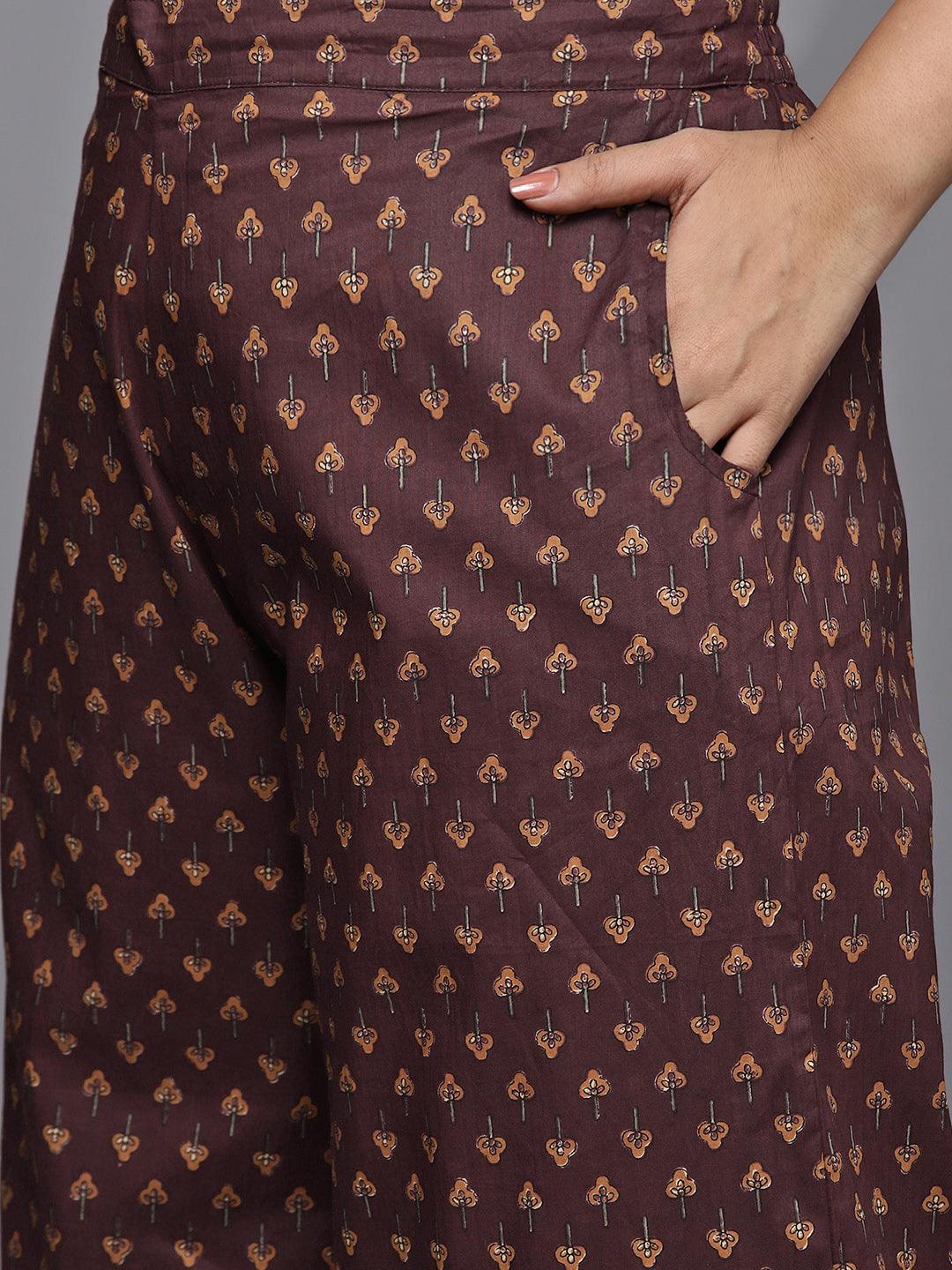 Plus Size Brown Printed Cotton Straight Kurta With Palazzos & Dupatta - ShopLibas