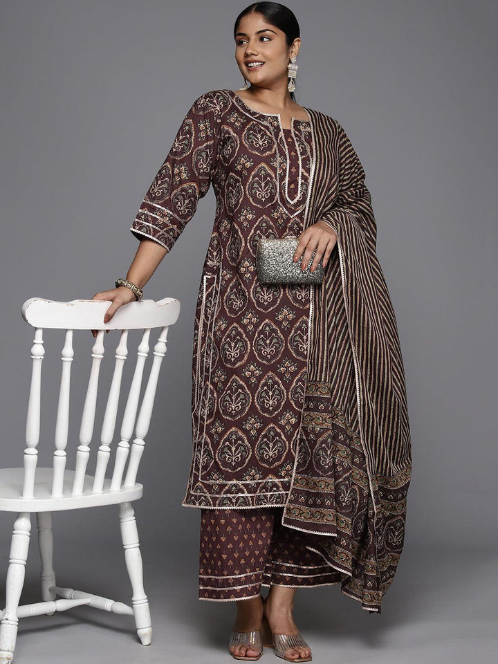 Plus Size Brown Printed Cotton Straight Suit With Dupatta