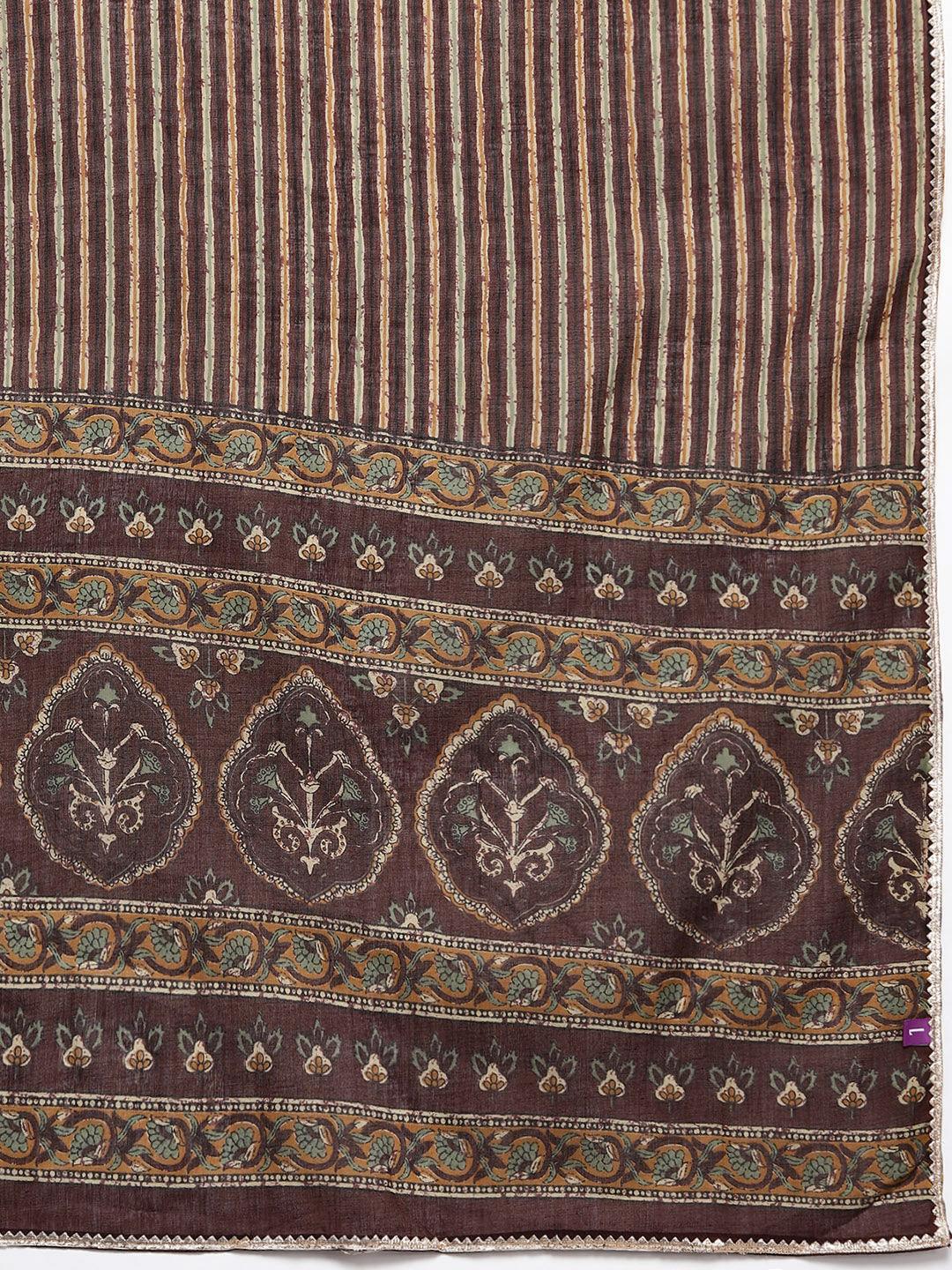 Plus Size Brown Printed Cotton Straight Kurta With Palazzos & Dupatta - ShopLibas