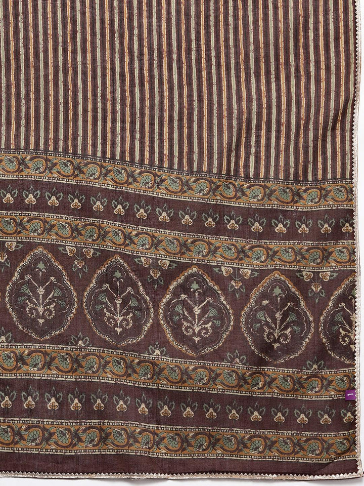 Plus Size Brown Printed Cotton Straight Suit With Dupatta