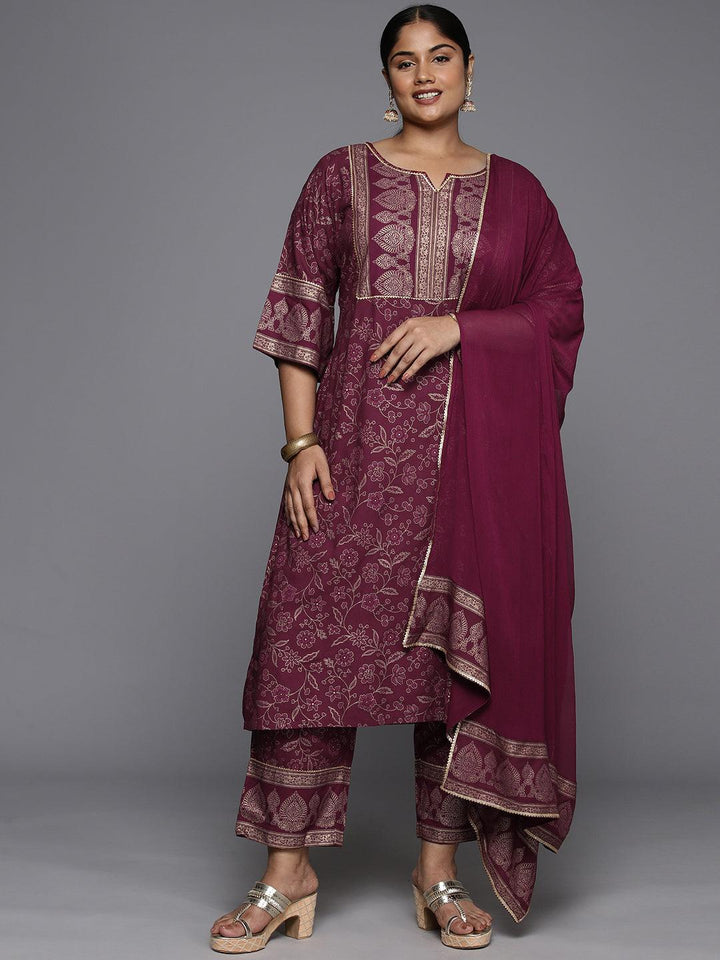 Plus Size Maroon Yoke Design Rayon A-Line Kurta With Trousers & Dupatta