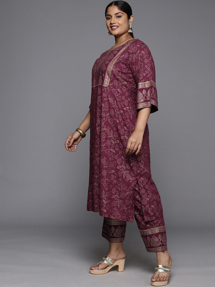 Plus Size Maroon Yoke Design Rayon A-Line Kurta With Trousers & Dupatta