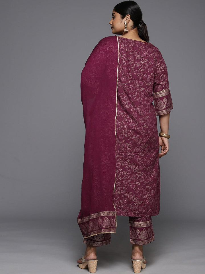 Plus Size Maroon Yoke Design Rayon A-Line Kurta With Trousers & Dupatta