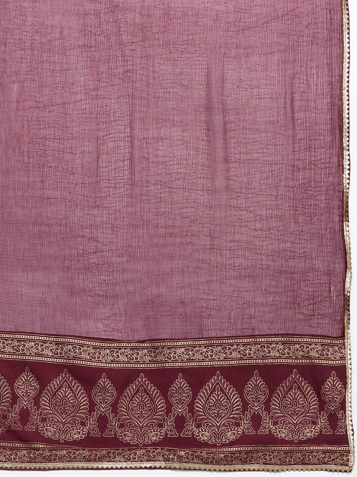 Plus Size Maroon Yoke Design Rayon A-Line Kurta With Trousers & Dupatta