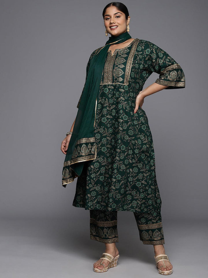 Plus Size Green Yoke Design Rayon A-Line Kurta With Trousers & Dupatta