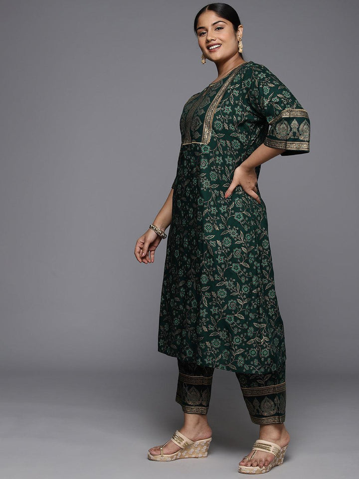 Plus Size Green Yoke Design Rayon A-Line Kurta With Trousers & Dupatta
