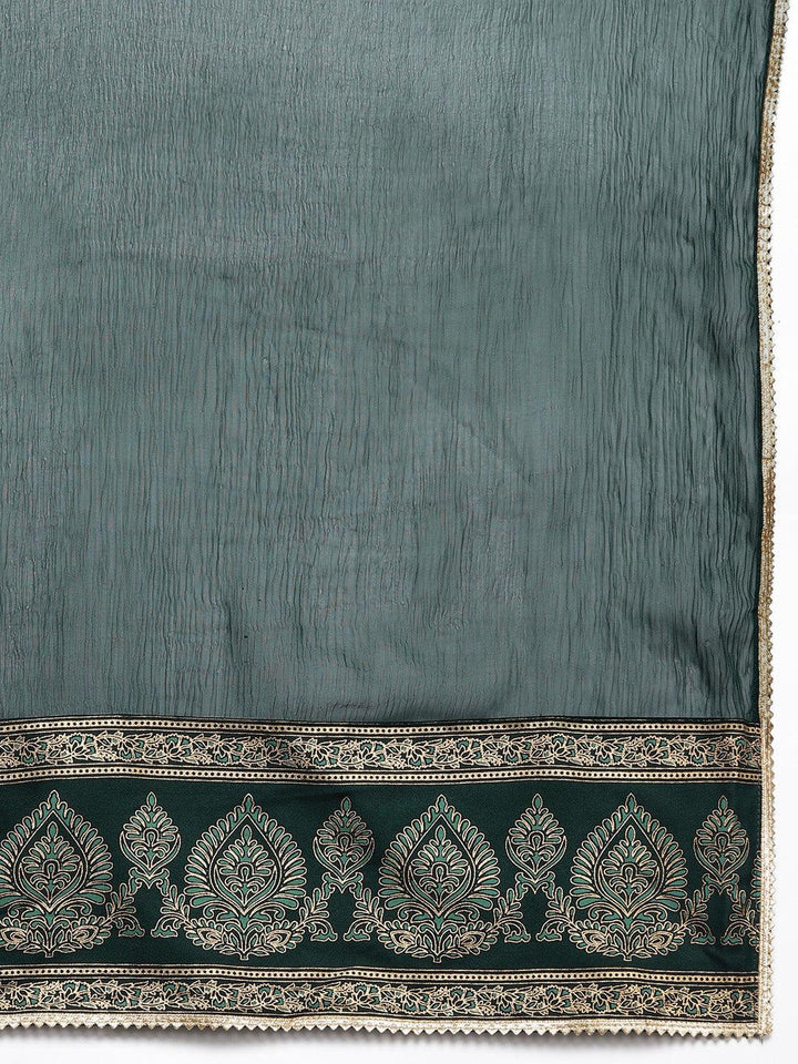 Plus Size Green Yoke Design Rayon A-Line Kurta With Trousers & Dupatta