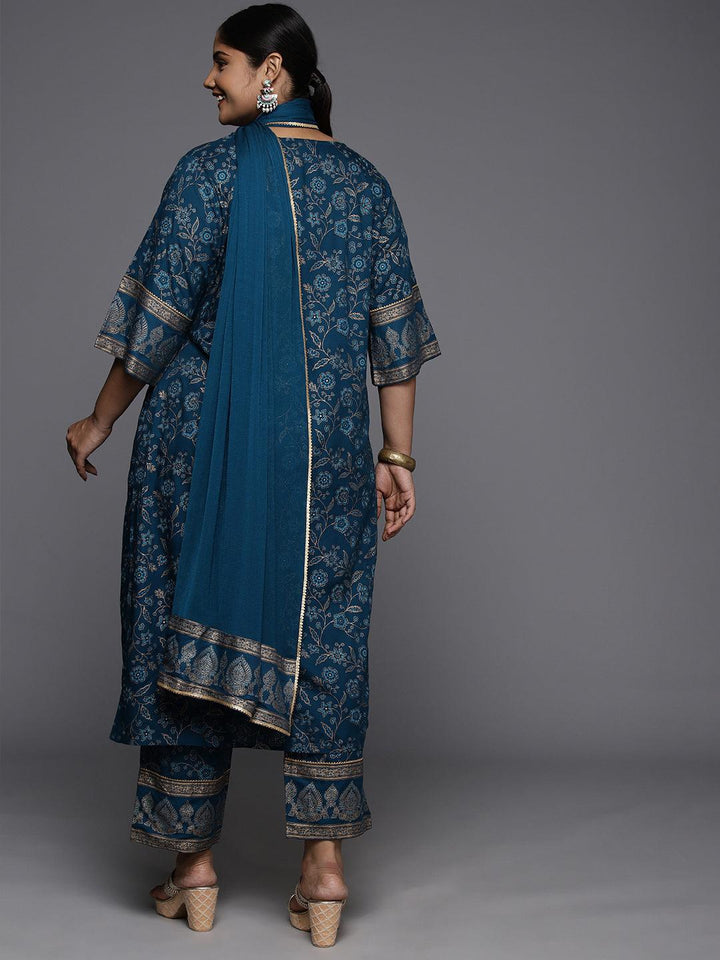 Plus Size Blue Yoke Design Rayon A-Line Kurta With Trousers & Dupatta