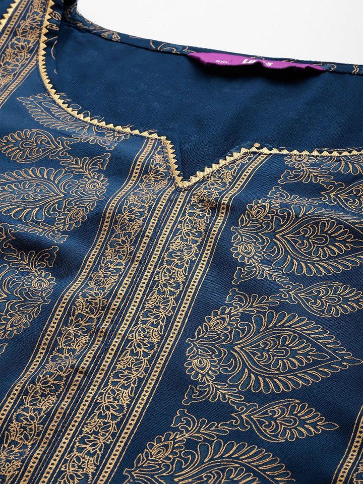 Plus Size Blue Yoke Design Rayon A-Line Kurta With Trousers & Dupatta