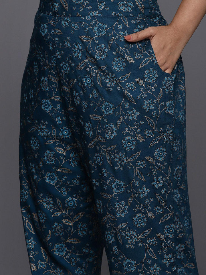 Plus Size Blue Yoke Design Rayon A-Line Kurta With Trousers & Dupatta
