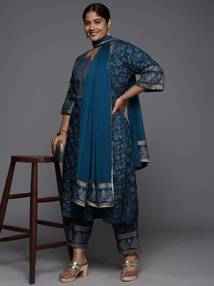 Plus Size Blue Yoke Design Rayon A-Line Kurta With Trousers & Dupatta