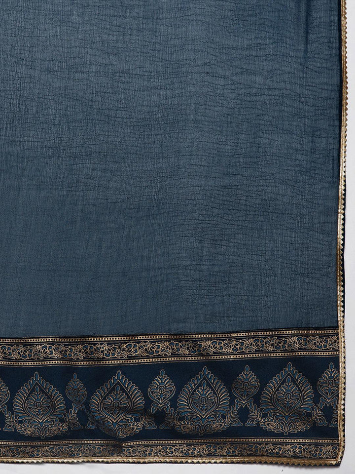 Plus Size Blue Yoke Design Rayon A-Line Kurta With Trousers & Dupatta