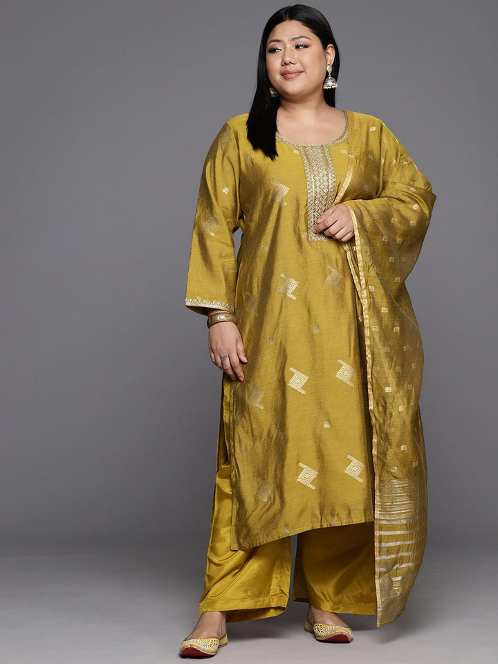 Plus Size Mustard Woven Design Chanderi Silk Straight Suit With Dupatta