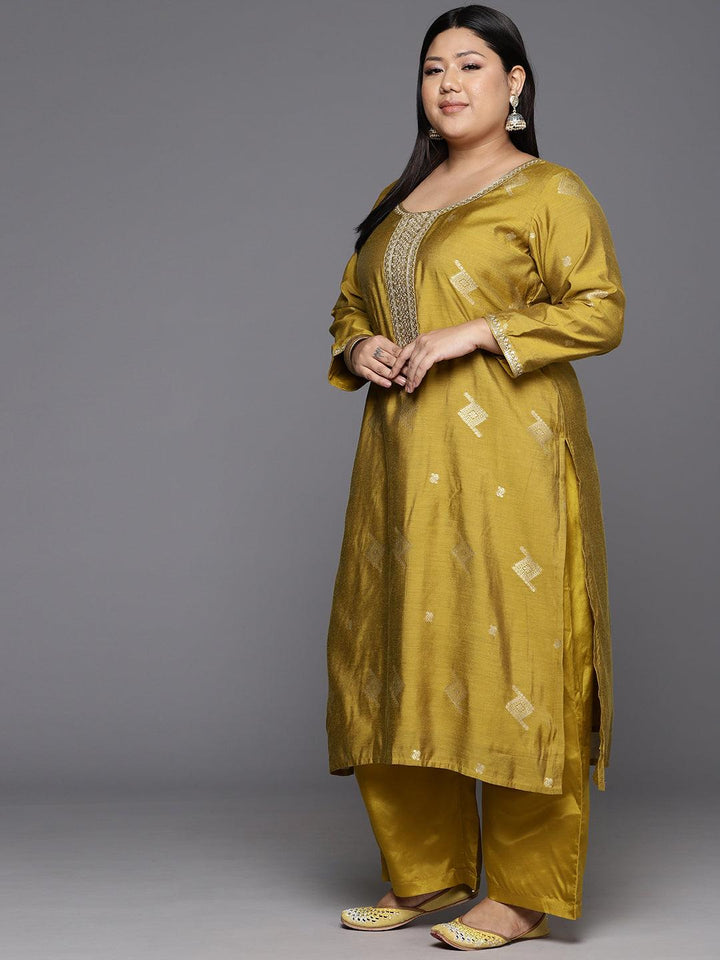 Plus Size Mustard Woven Design Chanderi Silk Straight Suit With Dupatta