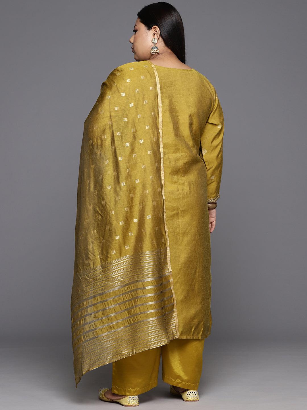 Mustard Woven Design Chanderi Silk Straight Kurta With Trousers & Dupatta - ShopLibas