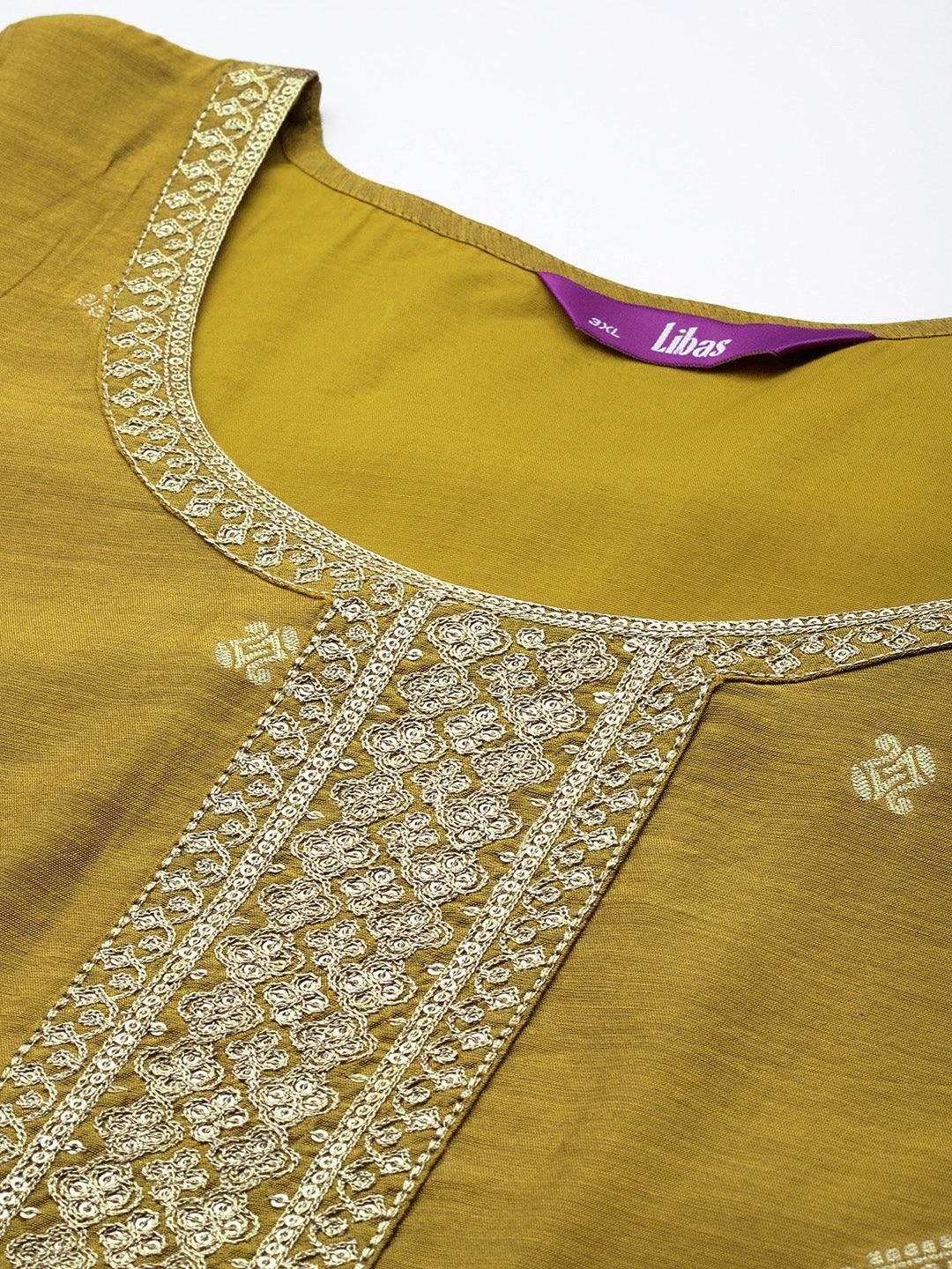 Mustard Woven Design Chanderi Silk Straight Kurta With Trousers & Dupatta - ShopLibas