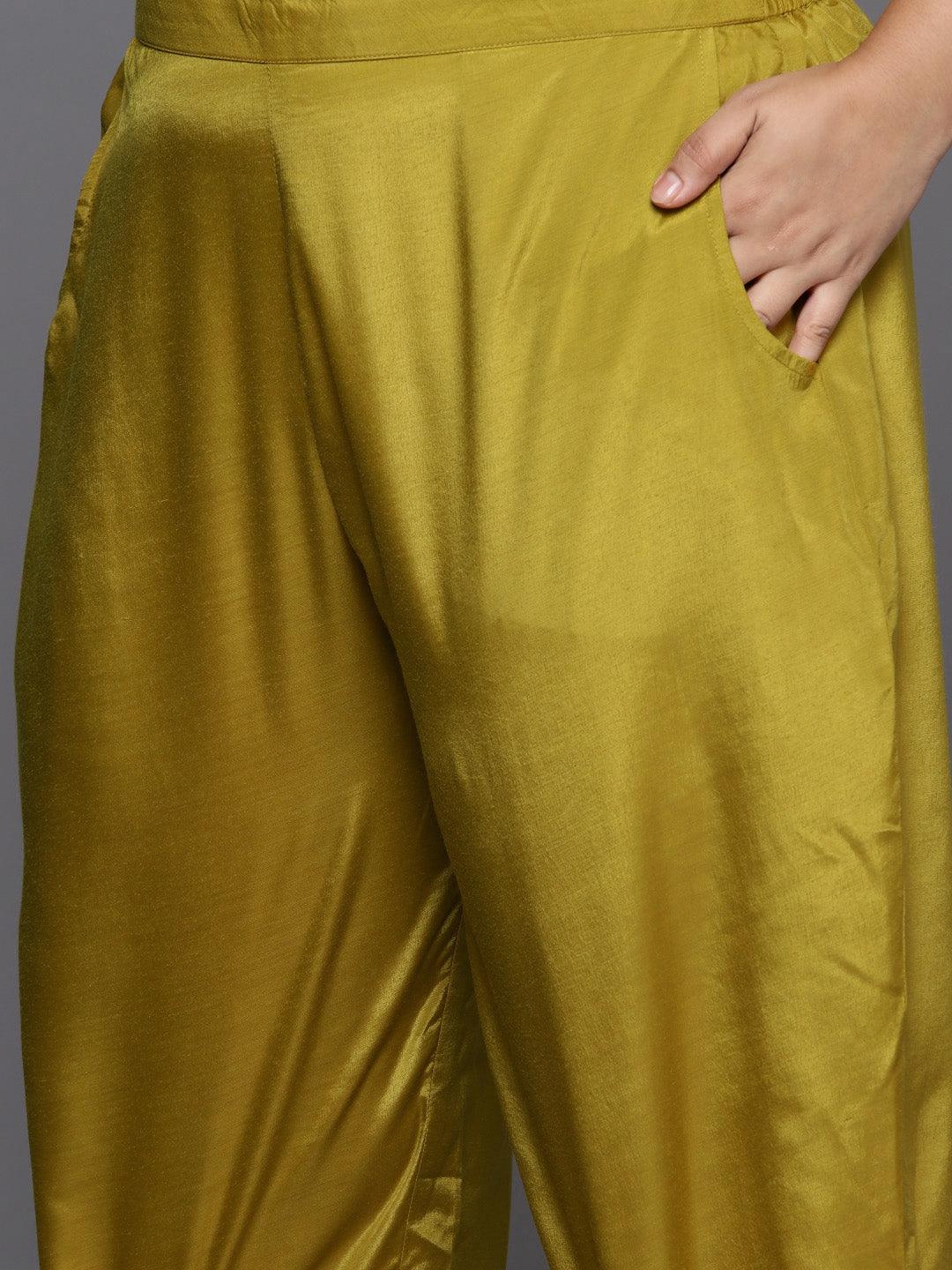 Mustard Woven Design Chanderi Silk Straight Kurta With Trousers & Dupatta - ShopLibas