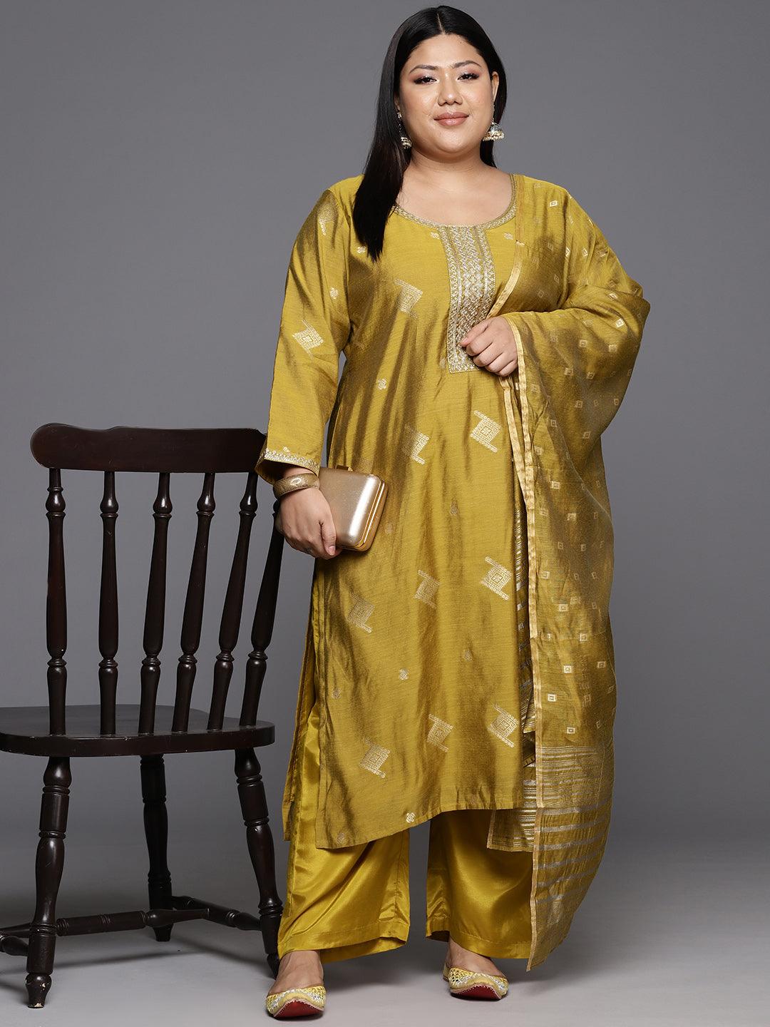 Mustard Woven Design Chanderi Silk Straight Kurta With Trousers & Dupatta - ShopLibas