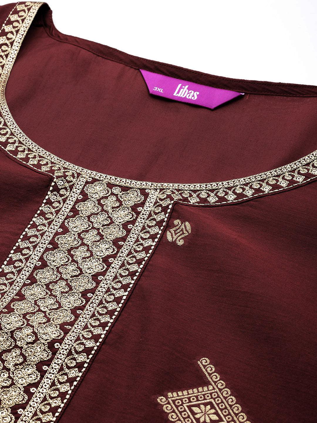 Maroon Woven Design Chanderi Silk Straight Kurta With Trousers & Dupatta - ShopLibas