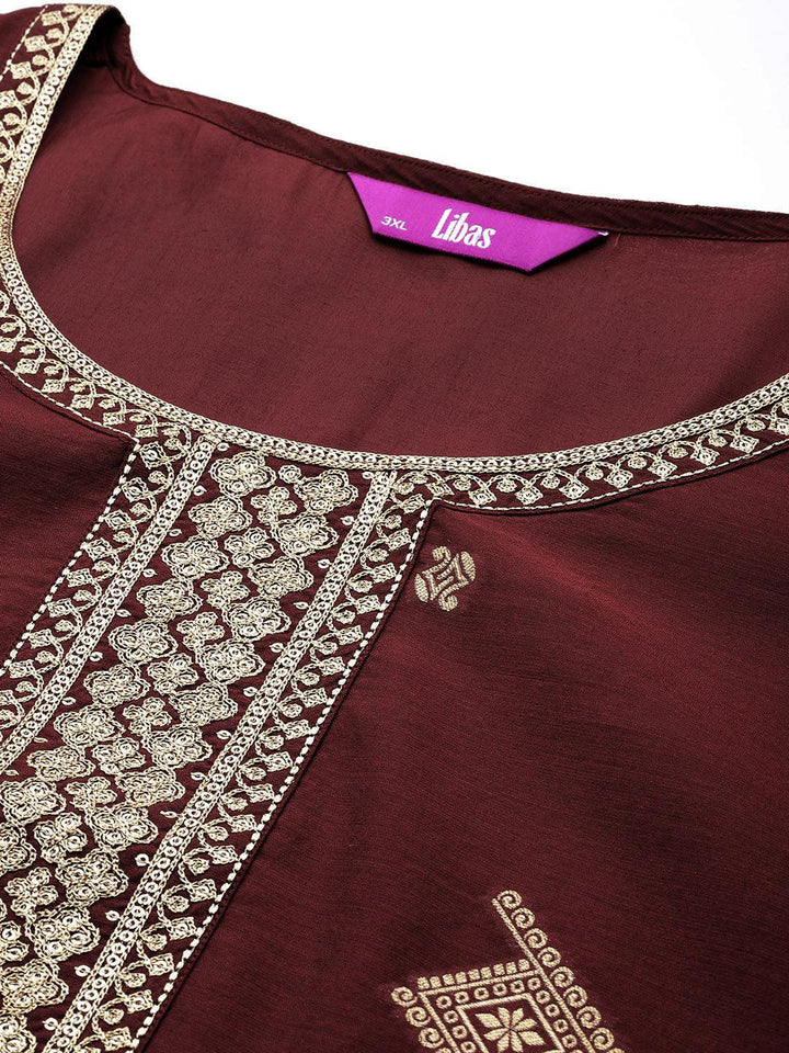 Plus Size Maroon Woven Design Chanderi Silk Straight Suit With Dupatta