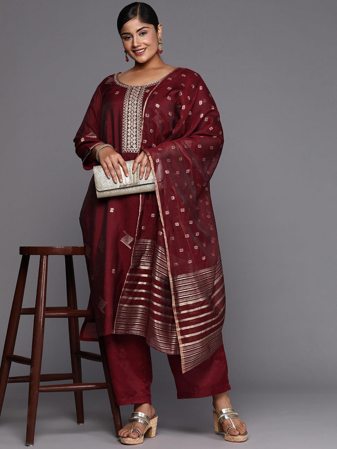 Maroon Woven Design Chanderi Silk Straight Kurta With Trousers & Dupatta - ShopLibas