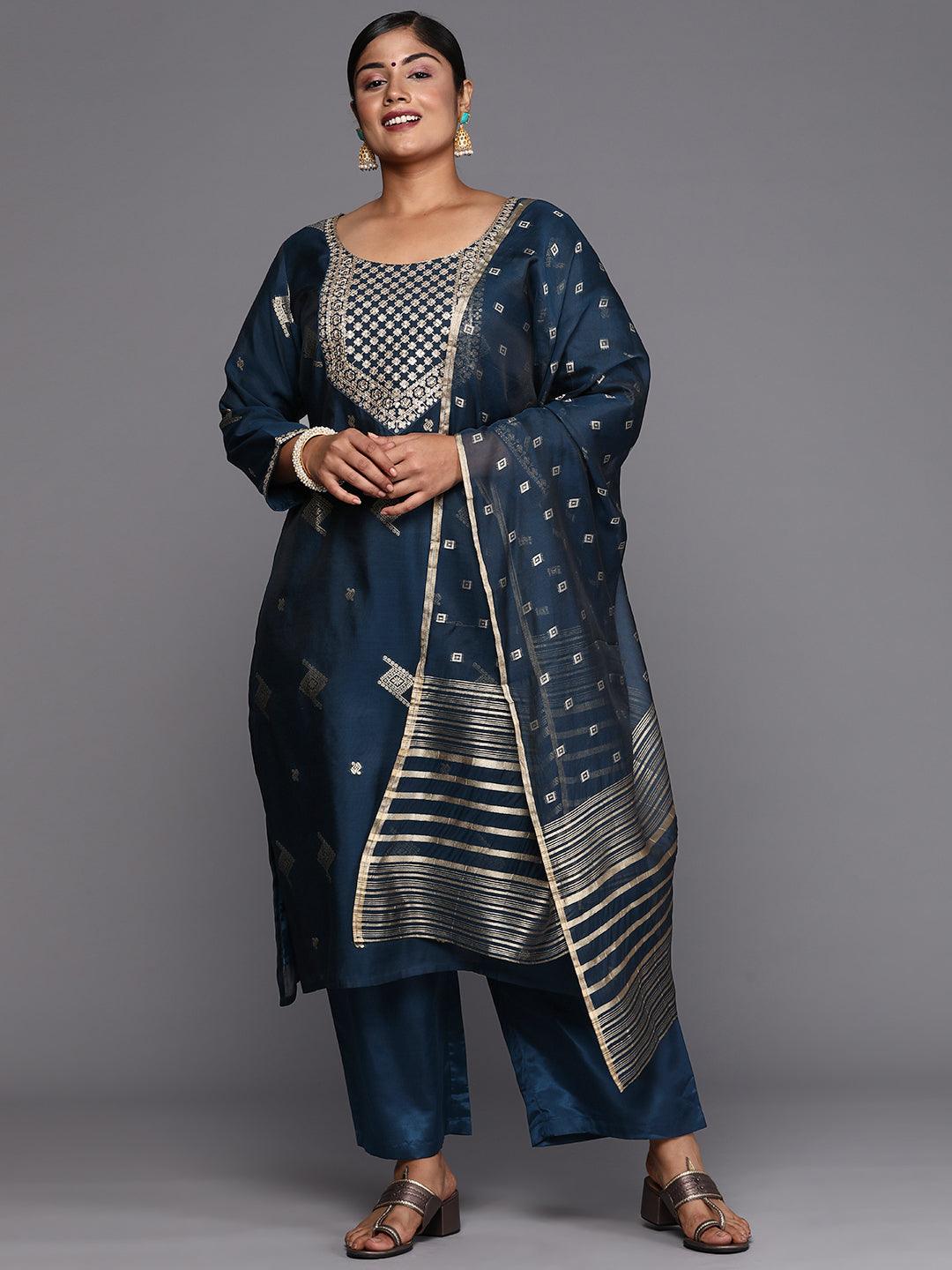 Blue Woven Design Chanderi Silk Straight Kurta With Trousers & Dupatta - ShopLibas