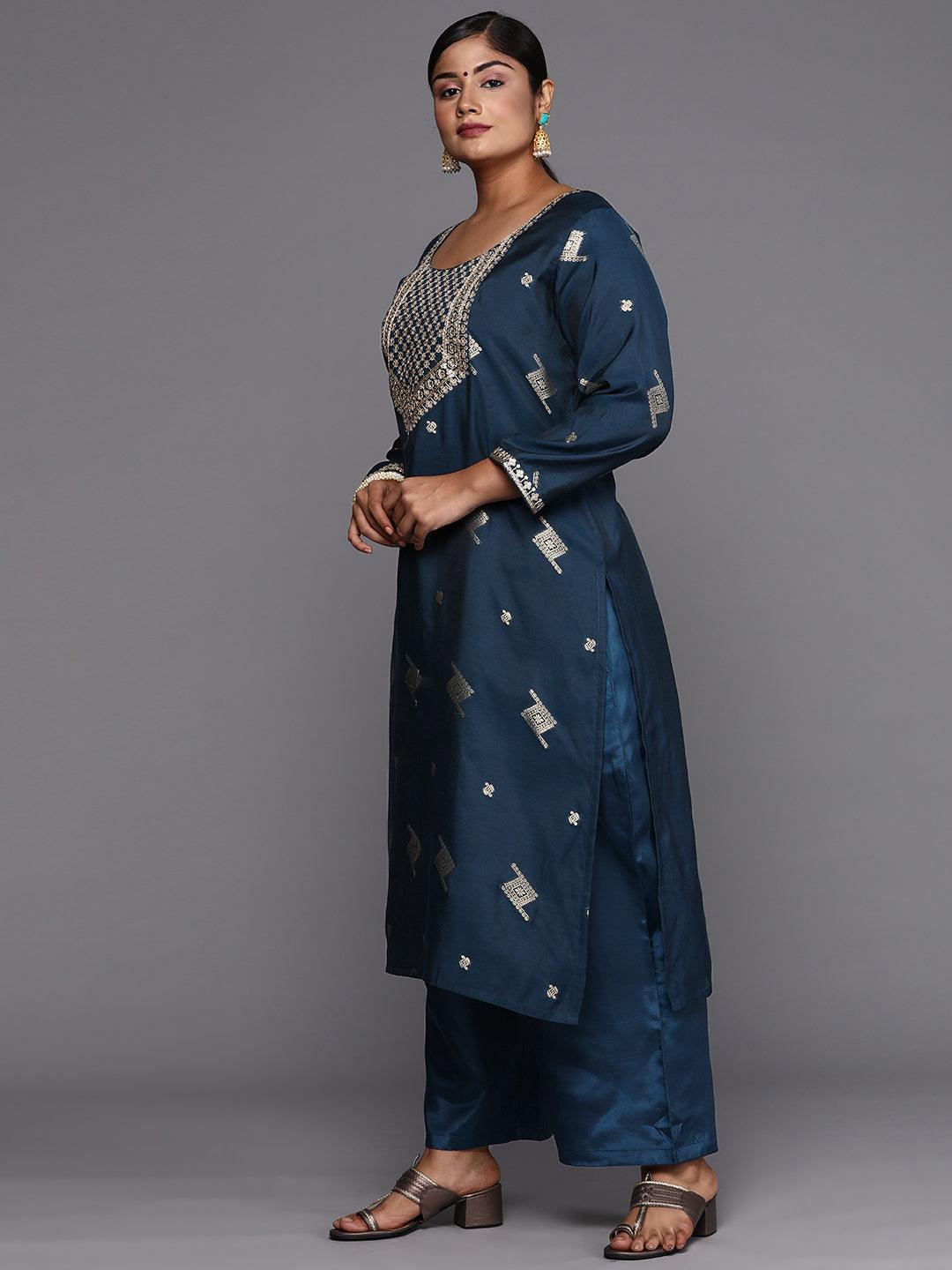 Blue Woven Design Chanderi Silk Straight Kurta With Trousers & Dupatta - ShopLibas