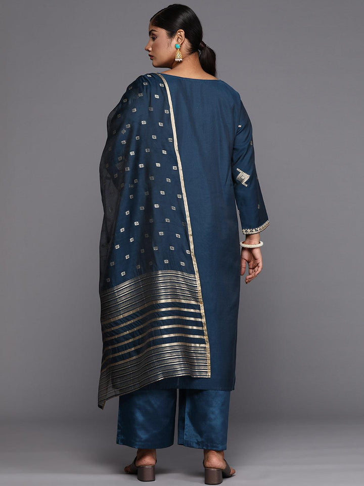 Plus Size Blue Woven Design Chanderi Silk Straight Suit With Dupatta