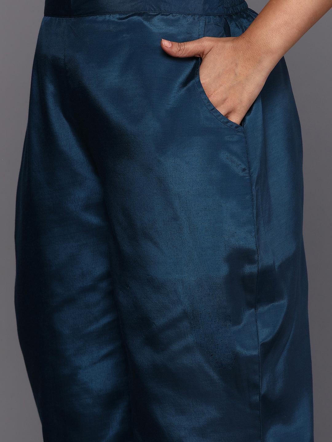 Blue Woven Design Chanderi Silk Straight Kurta With Trousers & Dupatta - ShopLibas