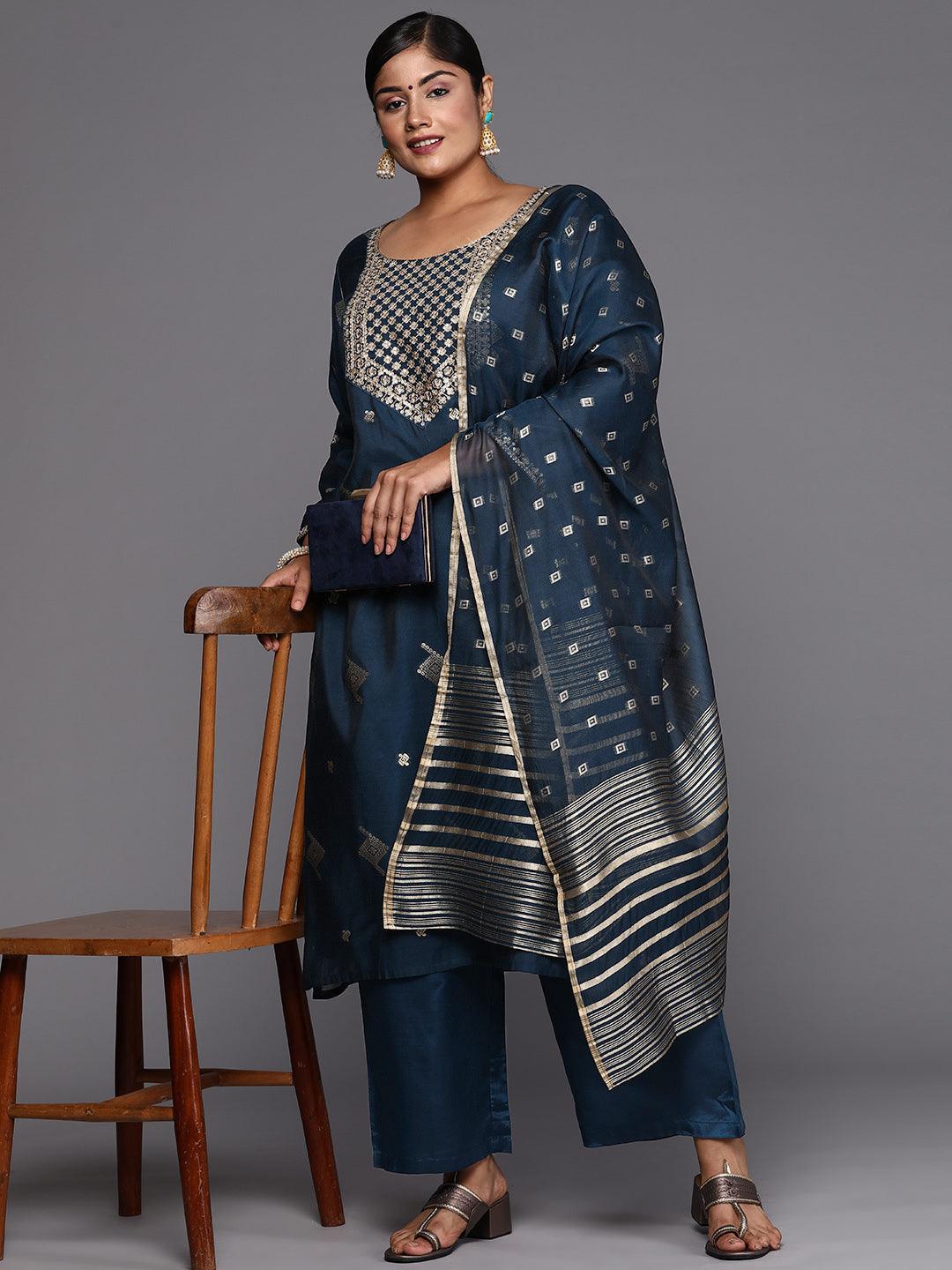 Blue Woven Design Chanderi Silk Straight Kurta With Trousers & Dupatta - ShopLibas