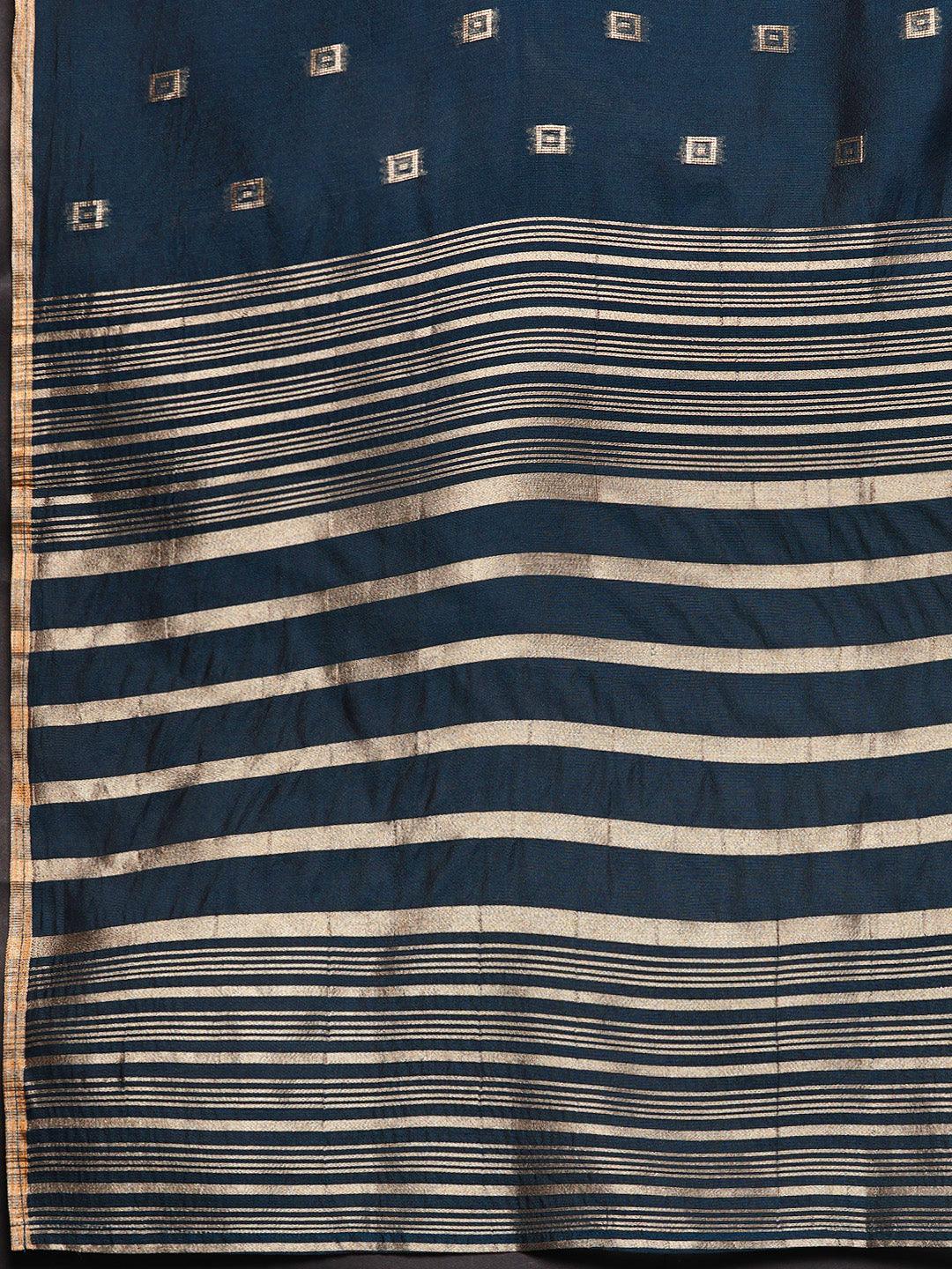 Blue Woven Design Chanderi Silk Straight Kurta With Trousers & Dupatta - ShopLibas