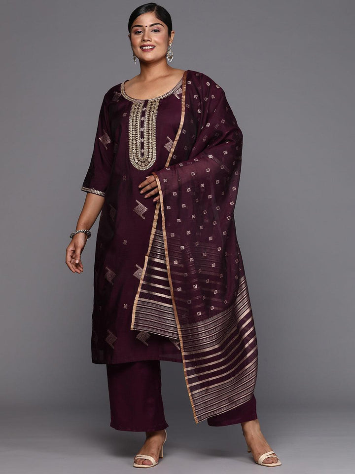 Plus Size Wine Woven Design Chanderi Silk Straight Suit With Dupatta