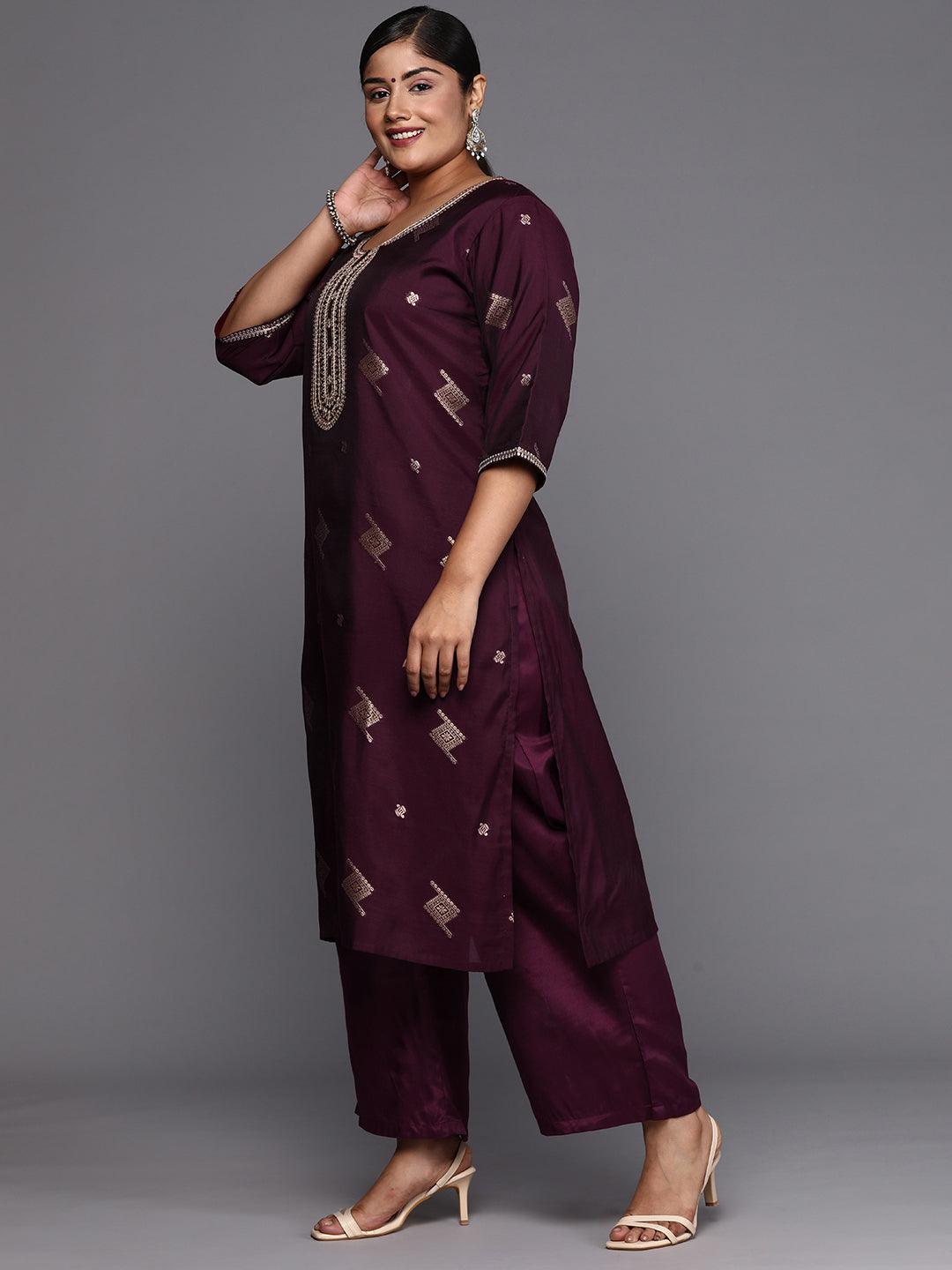 Wine Woven Design Chanderi Silk Straight Kurta With Trousers & Dupatta - ShopLibas