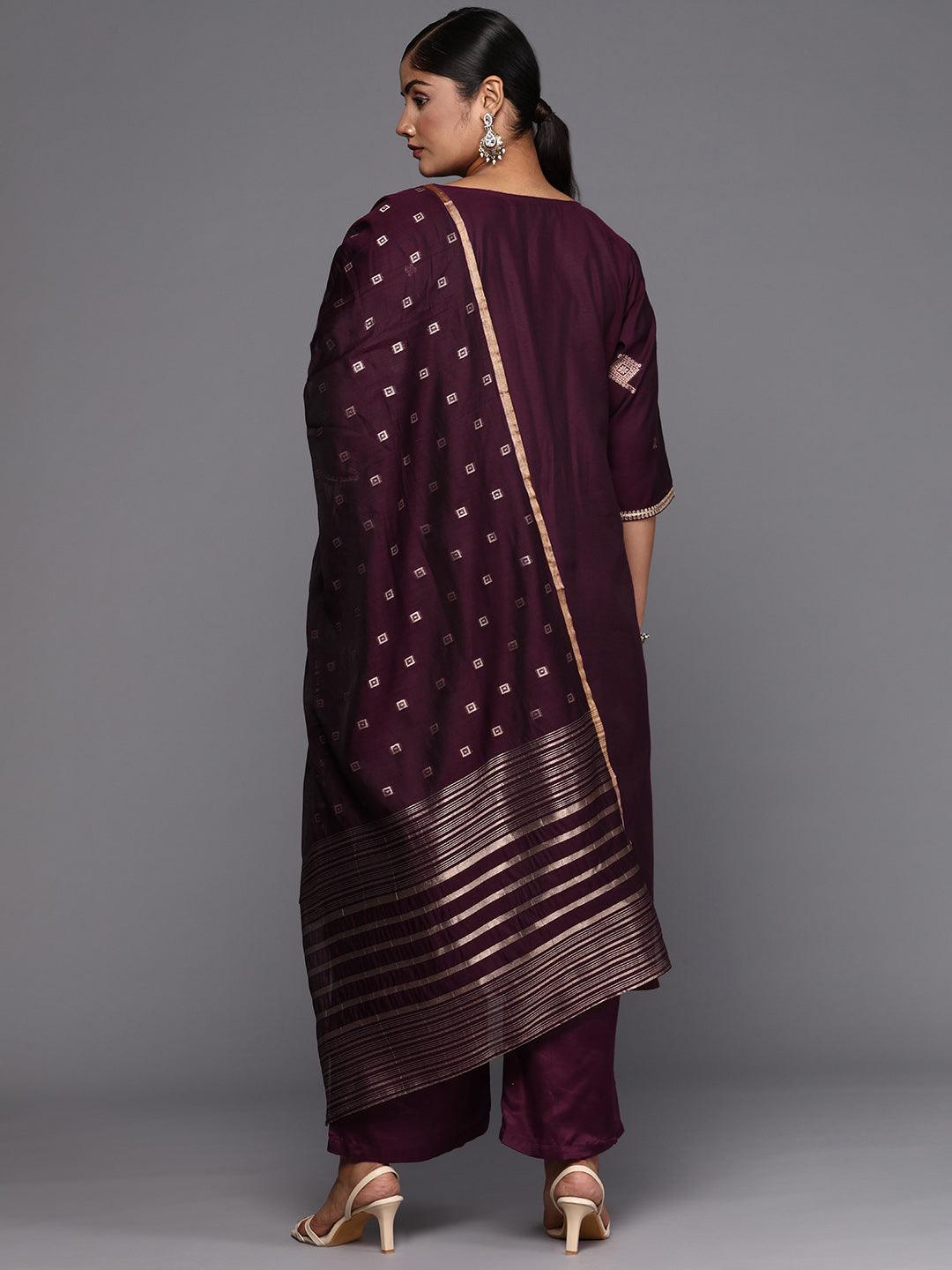 Wine Woven Design Chanderi Silk Straight Kurta With Trousers & Dupatta - ShopLibas