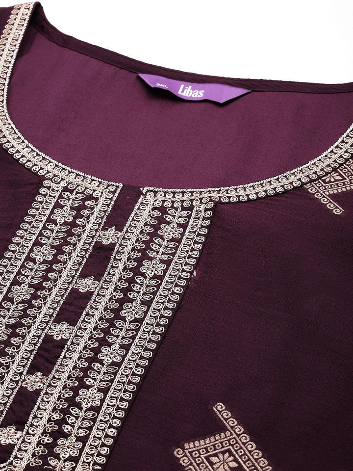 Plus Size Wine Woven Design Chanderi Silk Straight Suit With Dupatta