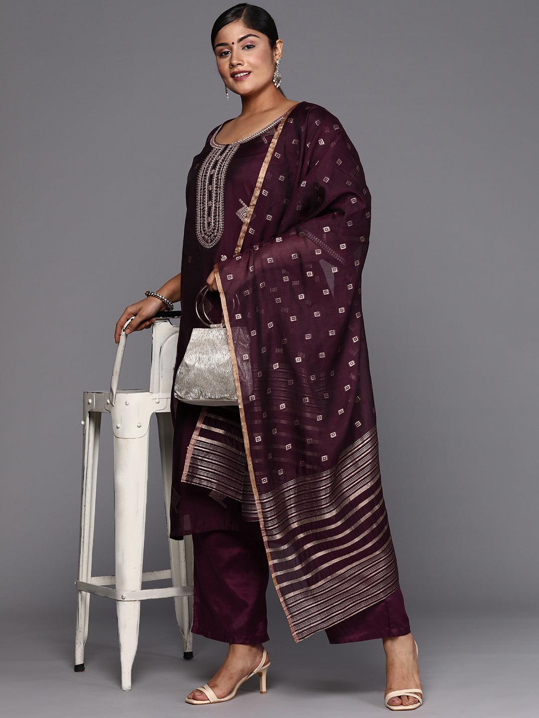 Wine Woven Design Chanderi Silk Straight Kurta With Trousers & Dupatta - ShopLibas