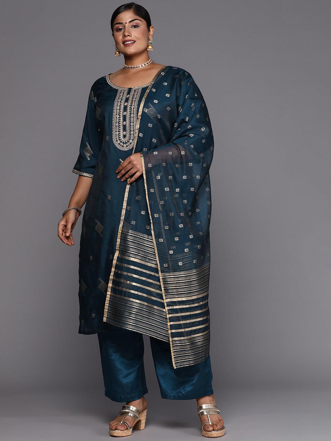 Blue Woven Design Chanderi Silk Straight Kurta With Trousers & Dupatta - ShopLibas
