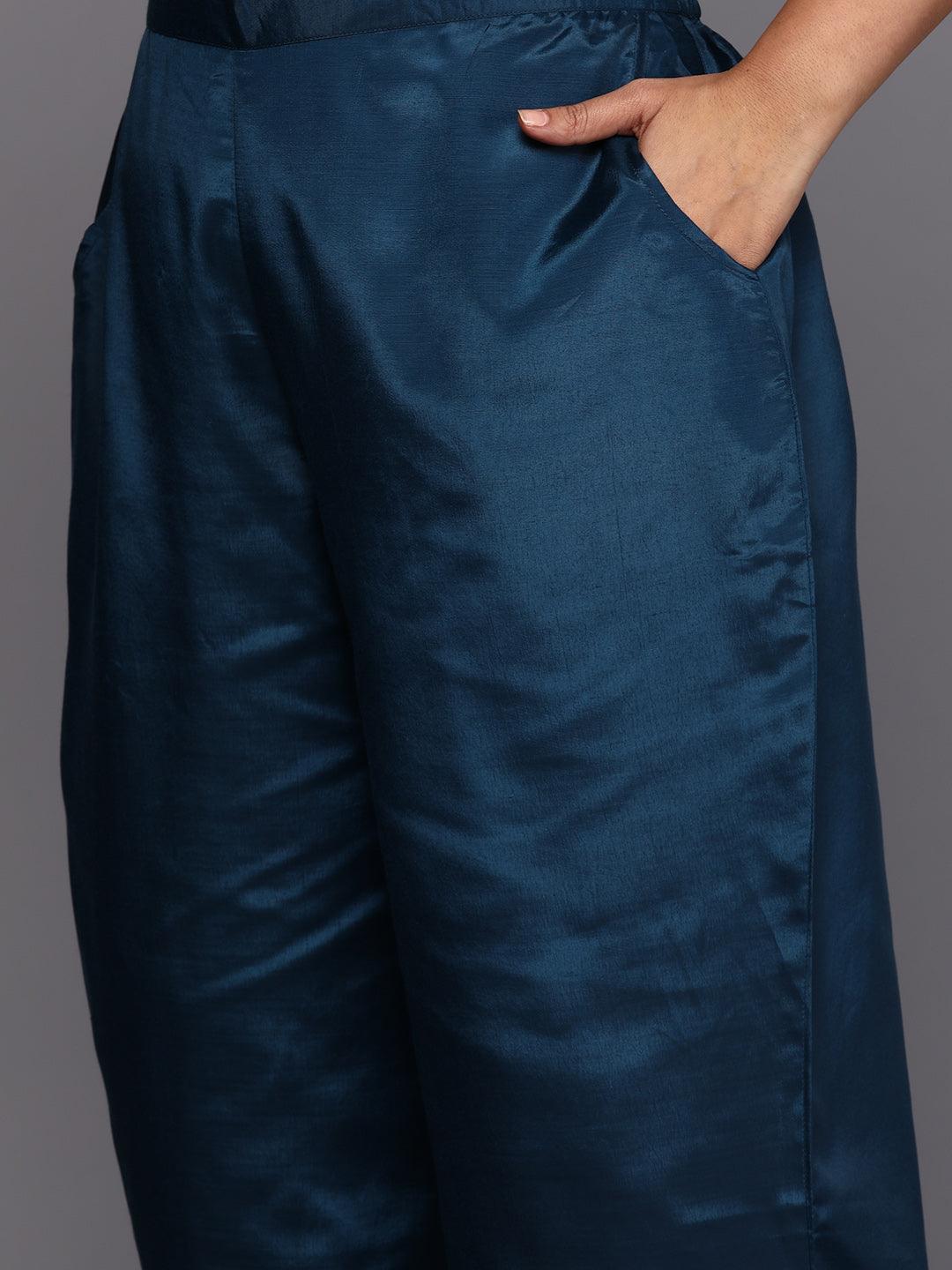 Blue Woven Design Chanderi Silk Straight Kurta With Trousers & Dupatta - ShopLibas