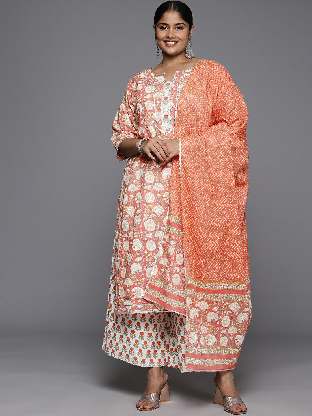 Plus Size Peach Printed Cotton Straight Kurta With Palazzos & Dupatta - ShopLibas