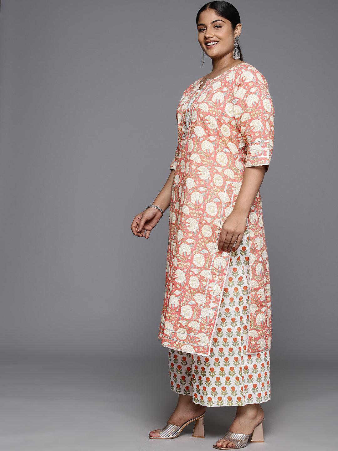 Plus Size Peach Printed Cotton Straight Kurta With Palazzos & Dupatta - ShopLibas