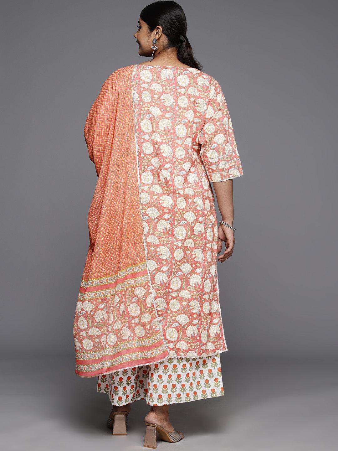 Plus Size Peach Printed Cotton Straight Kurta With Palazzos & Dupatta - ShopLibas