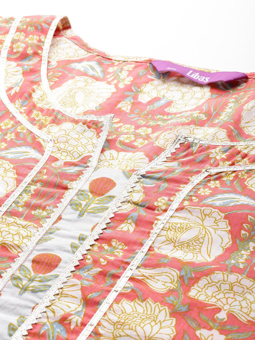 Plus Size Peach Printed Cotton Straight Kurta With Palazzos & Dupatta - ShopLibas