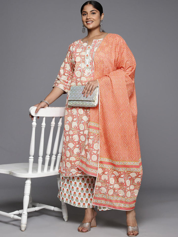 Plus Size Peach Printed Cotton Straight Suit With Dupatta