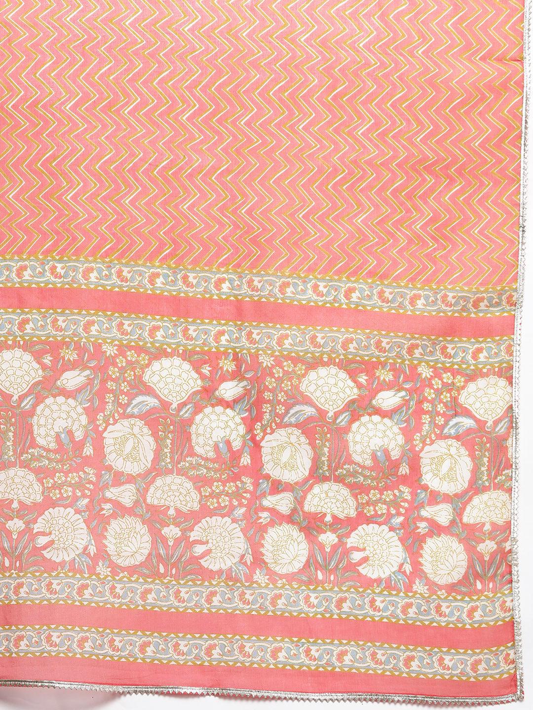 Plus Size Peach Printed Cotton Straight Kurta With Palazzos & Dupatta - ShopLibas