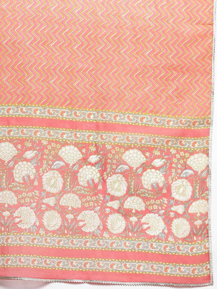 Plus Size Peach Printed Cotton Straight Suit With Dupatta