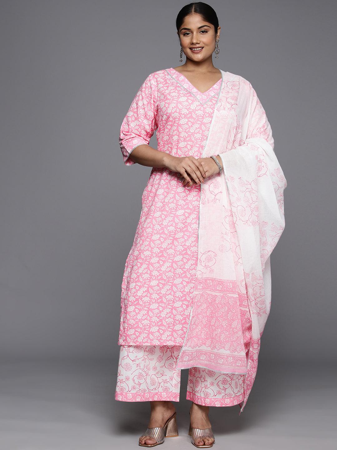 Plus Size Pink Printed Cotton Straight Kurta With Palazzos & Dupatta - ShopLibas