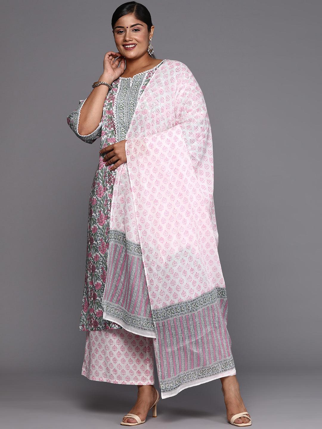 Pink Printed Cotton Straight Kurta With Palazzos & Dupatta - ShopLibas